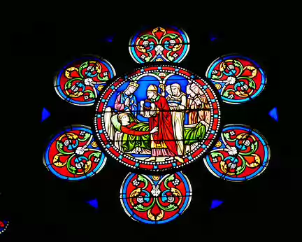 032 Vitrail (1869) montrant le roi Philippe VI de Valois au chevet de son fils unique (le futur roi Jean II le Bon) tombé malade en 1335 au château des Montmorency...